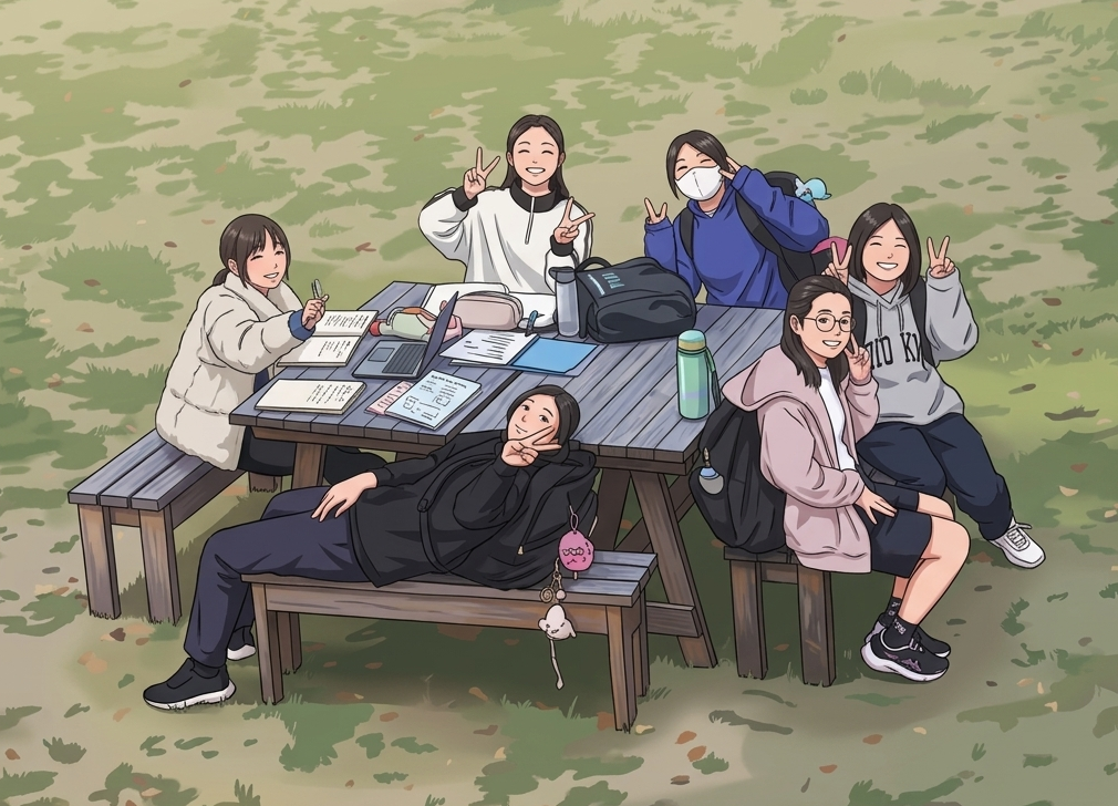 中庭のベンチでくつろぐイラスト